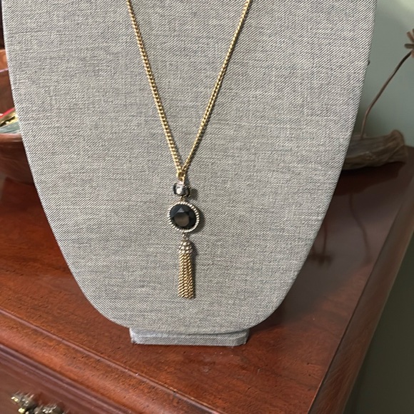 J Crew Gold Tone and Black Rhinestone Pendant adjustable Necklace - Picture 2 of 5